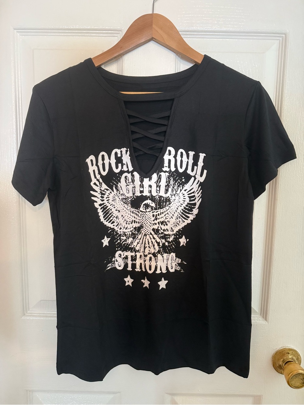 Black 'Rock Roll Girl Strong' Lace-Up V-Neck Tee *NWOT* (S)